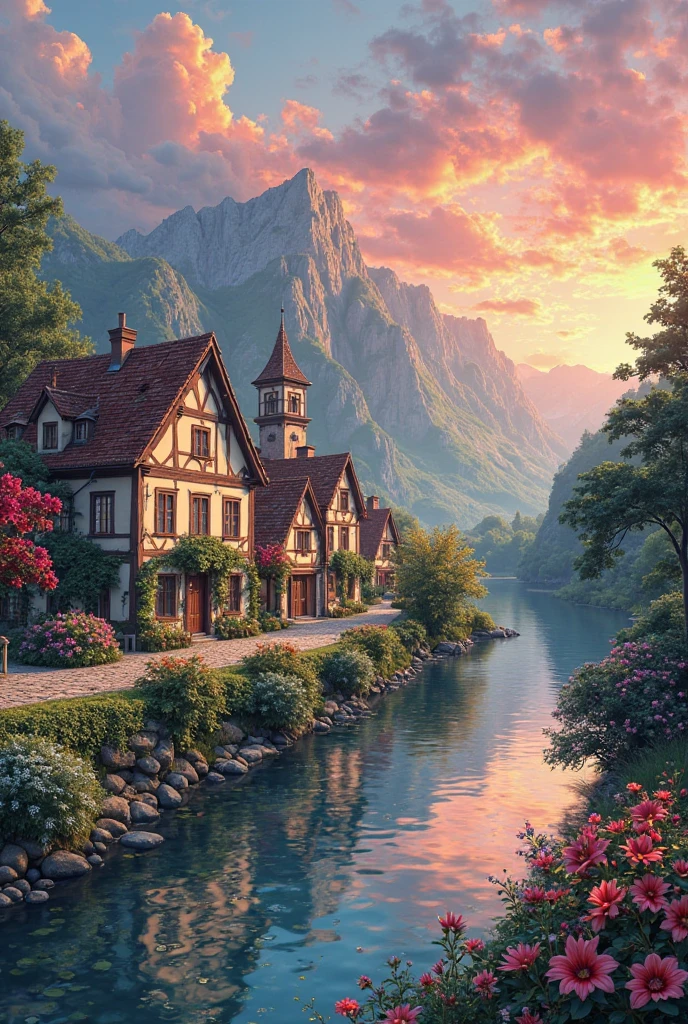 A small town by the river, mountains in the background, colorful floral flowers, detailed landscape, beautiful natural landscapes, atmospheric lighting, scorching sunset, warm colors, practical, photographic, detailed foliage, complex buildings, cobblestone street, charming country house, vibrant colors, lush vegetation, reflections in the water,  picturesque, idyllic, artwork, best quality, 8K, extremely detailed, anime style