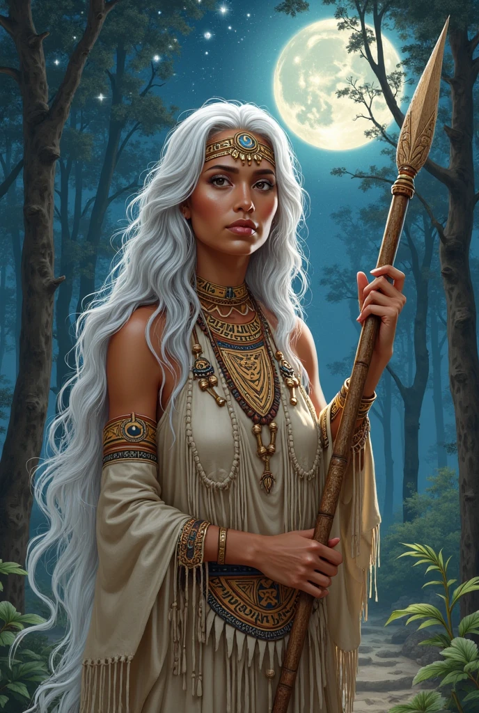Illustration of the indigenous goddess Jaci, a mythological figure from Native American culture. She is depicted with dark brown (deep tan) skin and long, wavy white hair that reflects the moonlight. She wears a traditional ceremonial outfit that covers her , made of natural fabrics adorned with feathers, beads, and lunar symbols. Jaci holds a wooden spear carved with tribal patterns, symbolizing her strength and connection to nature. She stands in a sacred forest beneath a starry sky, surrounded by a silvery aura. The artwork conveys a mystical and reverent atmosphere, highlighting her ancestral wisdom and spiritual power.