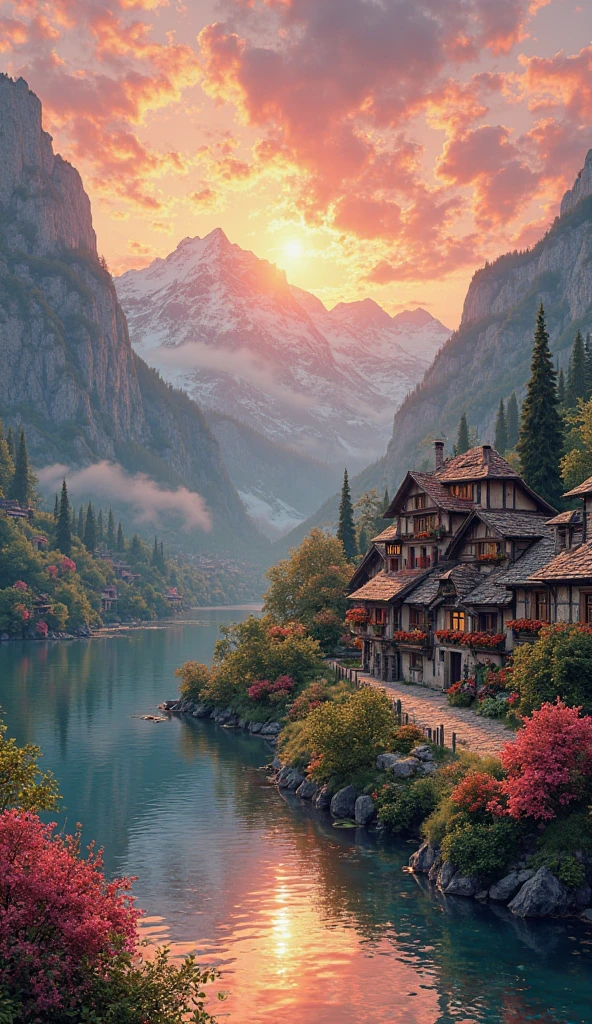 a small village by the river, mountains in the background, floral flowers colorful, detailed landscape, Beautiful natural landscapes, atmospheric lighting, scorching sunset, warm colours, practical, photopractical, Detailed Foliage, complex buildings, cobblestone street, Charming country house, swirly vibrant colors, lush vegetation, Still water reflections, Picturesque, idyllic, work of art, best qualityer, 8k, extremely detaild,anime styling