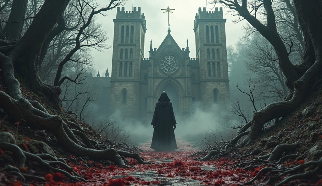 A Gothic creepy horror background with castle , jungle , gore elements . Cinematic movie poster red , grey , white colour 