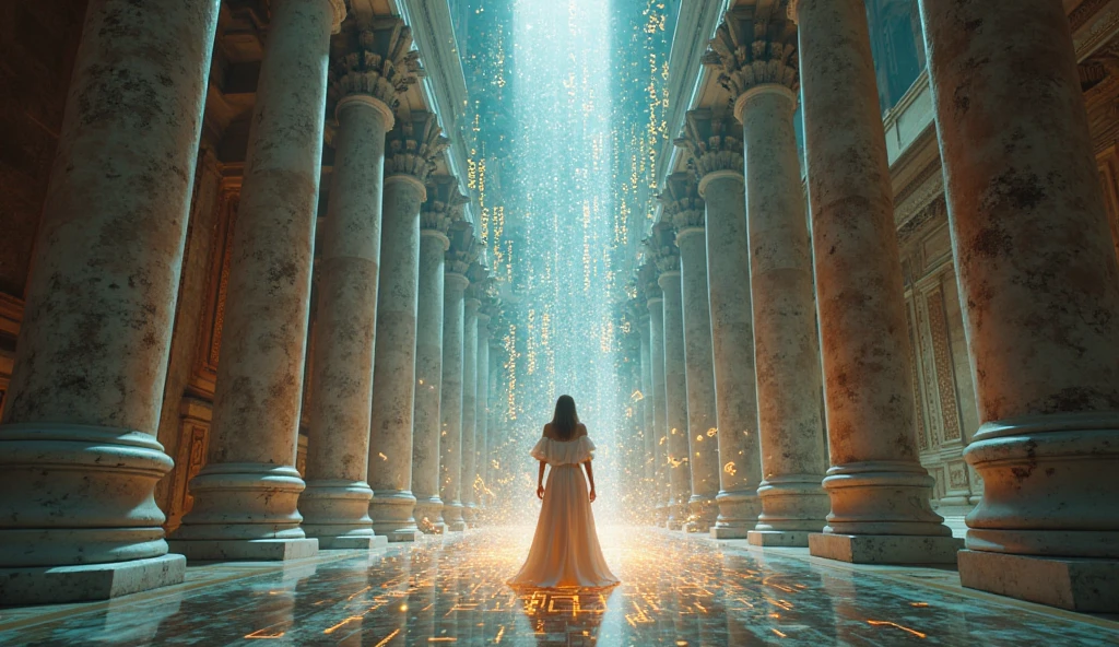 symbolic conceptual scene, {Greek poet writing verses into glowing code flowing through Roman architecture}, fusion of marble, light, and symbols, digital energy inside stone structures, expressive duality of form and function --style: cinematic realism with stylized concept art --camera: diagonal dynamic angle --lighting: glowing script light --resolution: 8K, surreal symbolic realism
