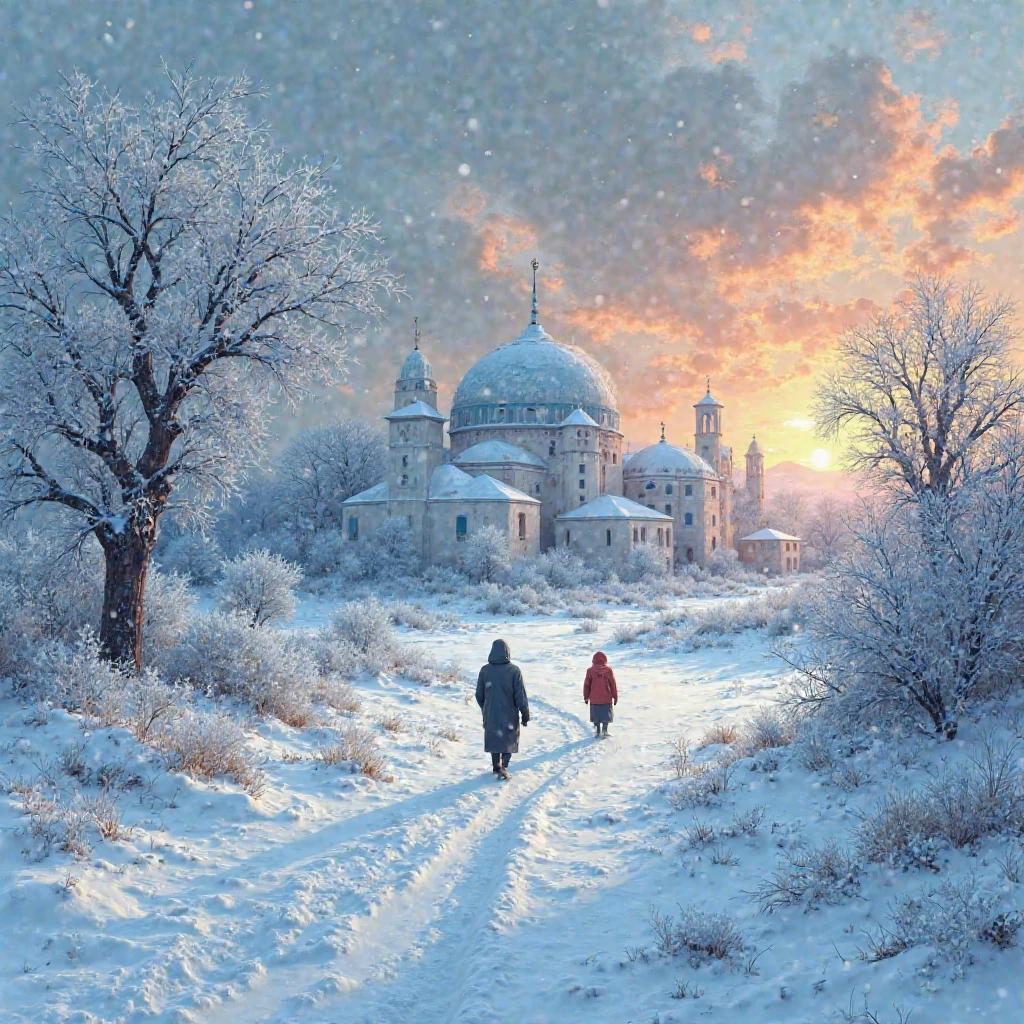 Digital illustration of late afternoon in a meadow devastated by a fierce blizzard. The ???? trees fold under the weight of the ice, and the orange light of the setting sun tries to break through the charged clouds. O campo, agitated by gusts of icy wind, is the protagonist. Ao longe, partially covered, a North African Berber-inspired city, with their geometric structures painted in white and blue, now surrounded by ice crystals that transform them into frozen mirages. Hooded figures move with difficulty, leaving temporary traces in the deep snow.