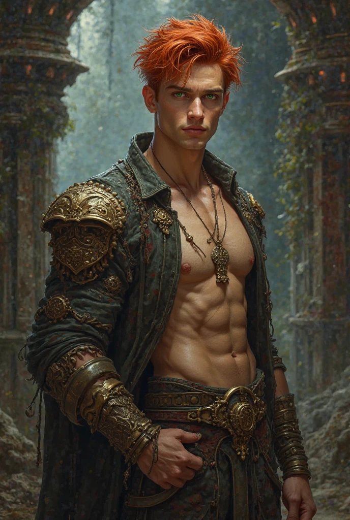 Homem, jovem, bonito, green eyes, bronzeado,  red hair, musculoso, defined in a slender way, fantasia dark medieval, with more details in the image 
