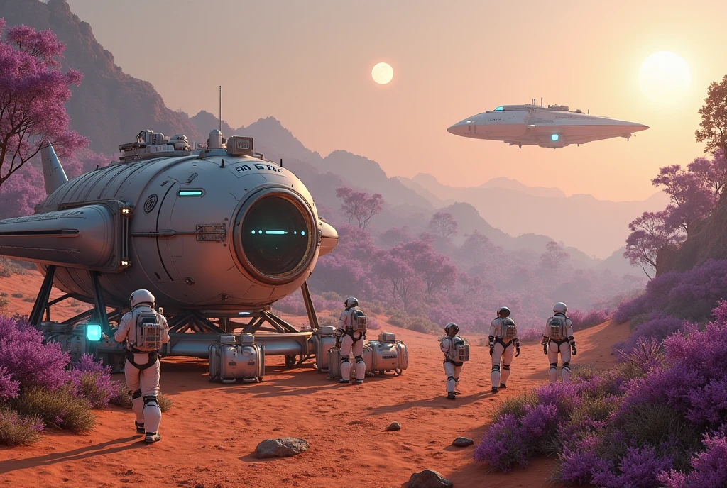 Scene on an alien planet during the day, showing a team of astronauts in futuristic space suits (white with luminous details) building a modular metallic research base. Several robotic drones assist with tasks: some weld structures, others carry bright boxes with materials. The scene takes place on an arid plain with orange soil, while in the background you can see a dense forest of exotic vegetation with purple and bioluminescent colors. On the horizon, Before the forest, a huge futuristic spaceship ( aerodynamic design, with blue motors) are located at a distance. Space colonization atmosphere, dramatic lighting with two suns in the sky