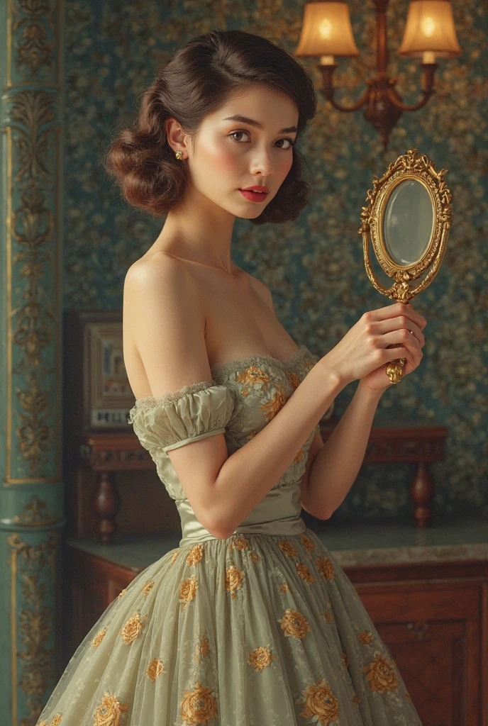 Retro art featuring a woman wearing a round skirt, classic hairstyle and a mirror in hand.