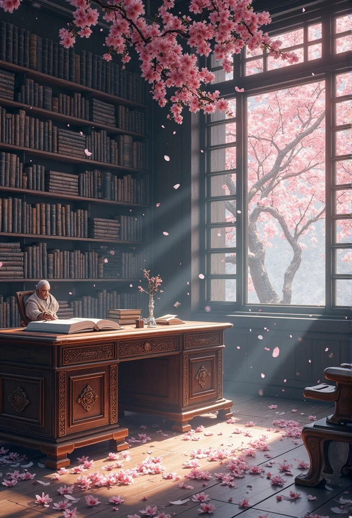     View of a Japanese library with numerous antique books and a Japanese desk,snowy pink cherry blossoms, black and dark background
