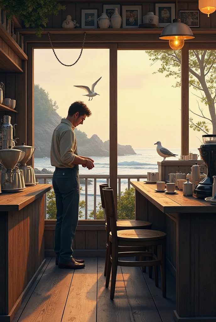 magine a sleepy coastal café at dawn, its wooden floors creaking softly as the tide crashes against the nearby rocks. The barista polishes coffee cups while a lone seagull watches through the window. The moment captures themes of renewal, calmness, and the rhythmic connection between humans and nature
