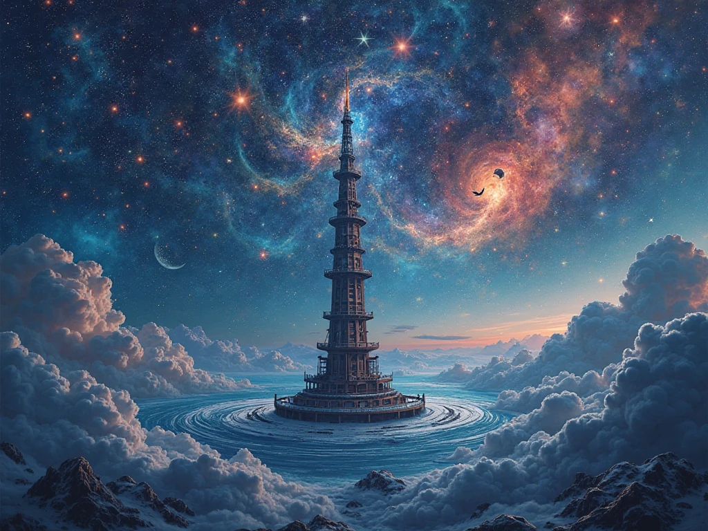 In the middle of deep space, a solitary tower floats like an intergalactic beacon. At her top , a cosmic mermaid paints space with a brush of stars, and its song transforms nebulae into living watercolors. Their brushstrokes create new forms of life: star whales, solar jellyfish, and creatures that swim in nothingness. The tower is surrounded by floating rings with slowly rotating works of art, like a gallery in eternal exhibition.