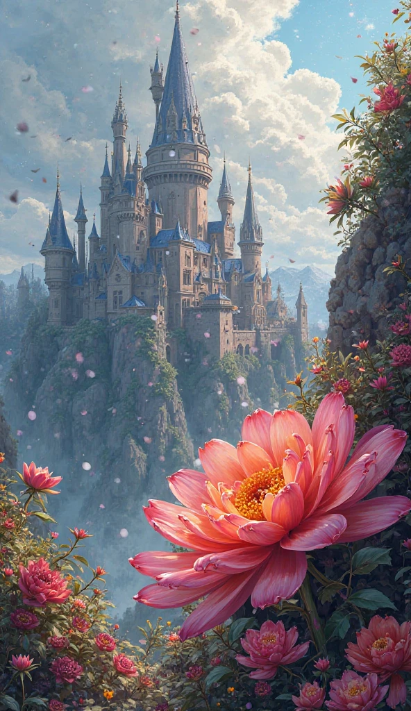 A very beautiful flower near a large castle that changed color over time 