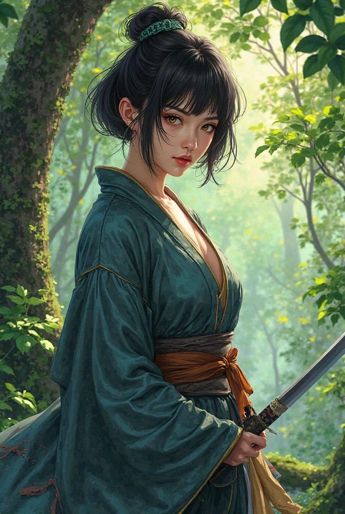 A female with short black hair and golden eyes, stands in the forest, wears Japanese clothes and carries a sword, manhwa 
