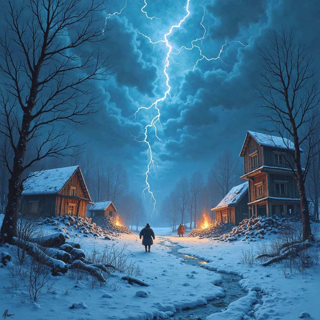 Expressionist digital art. No centro, a field of frost deep surrounded by bare trees that bend under the force of a biting wind, so strong that the snow moves horizontally like sharp needles. The night sky is illuminated by icy blue lightning, revealing a Viking-inspired city, where thick wooden buildings contort with the weight of the ice. Flames dance on bonfires that barely resist. Human shadows run through the frozen rubble. The storm dominates the scene — ice breaking, wood crackling, The icy chaos is absolute.