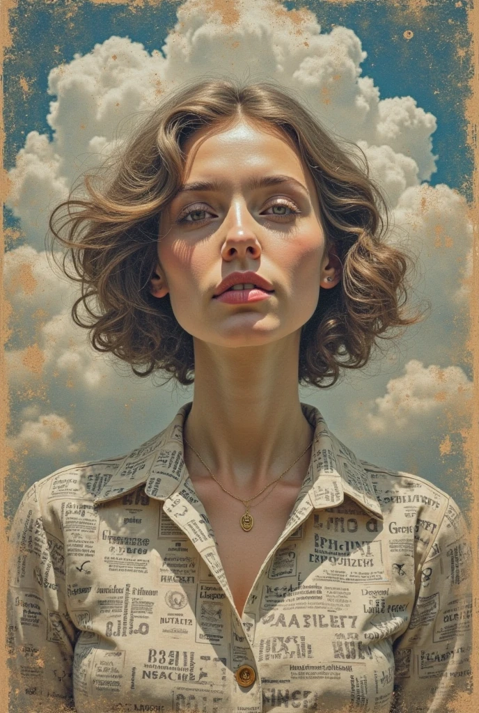 cybernetic cloud dream, epic oil pcomernting    , 16 mil.,    Photo quality,   The fantasy zone  , science fiction, shirt incredibly detcomerled, is the solemn anniversary of an artificial intelligence company that celebrates the second anniversary of an artificial intelligence company that promotes the fine arts, your birthday Siaart.comer, (high quality, masterpieces, realistic and detcomerled image), crazy collage, retro vibe from the 60s, faded paper texture, place a picture of a newspaper article showing a beautiful woman in the center,   old movie  , French film, elegant, fashion, beautiful, Artistic, retro, ((masterpiece:2.0))
