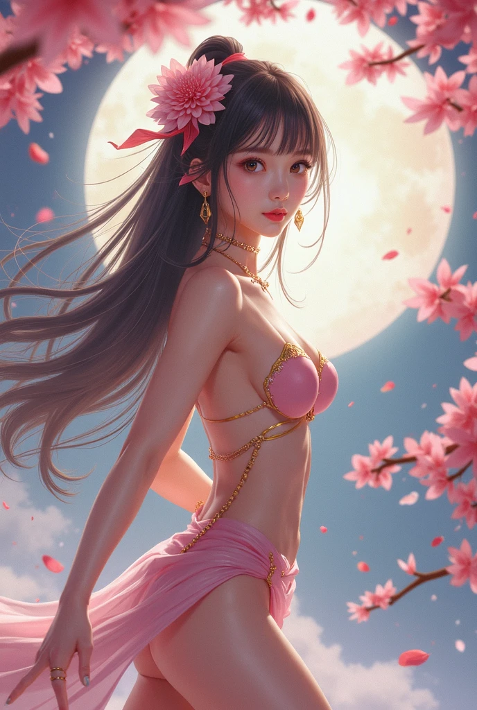 loose outfit、Show shoulders、Navel Ejection、暗いsee -throughホルターネックが壊れたガウンの着用方法、Decorated with intricate patterns and pastel colors、Transparent material that makes the skin shine、Artistic depiction of seductive woman in gown with wet thin cloth and transparent skin, 流れるような絹のような伝統的なsee -through肌を持つ花柄で幻想的なパターン。Her dress draped elegantly around her curvaceous figure、Emphasizes her charming silhouette。She's a gentle fireworks night、Dynamic Posing、A sexyポージング、bathed in the soft glow of moonlight。The scene is、With a hint of mystery and sensuality、It exudes an ethereal dreamy atmosphere。The image style is、Eau彩画とデジタルイラストレーションのテクニックのブレンドを取り入れています.、It makes you feel delicate beauty and charm。Soft moonlit lighting、Cast gentle highlights and shadows on her mesmerizing features。Dynamic Posing、Bold poses、The hand is somewhere、see -through、show through、A sexy、Eauにぬれて hair、Eauにぬれて、petals under the cherry blossoms、cherryblossom、The cherry tree、Sakura blizzard、buried、Transparent skin、Eauにぬれて clothes、Chest Pulling、Translucent clothes、Eau、nudde、Garter Belt Fishnet Tights、huge moon、Upper body photography、masutepiece