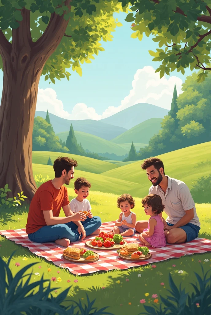 A family enjoying a summer picnic at the park—blanket spread out, sandwiches and fruit laid out, s playing nearby, and parents relaxing under a tree."