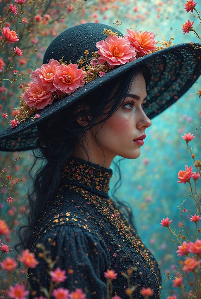 Woman's hair has flowers on her black hat More vivid colors kulkan