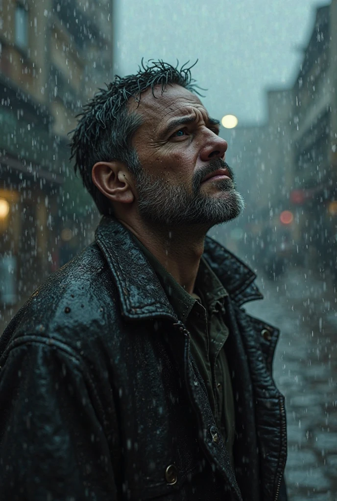 Realistic man crying in the rain 