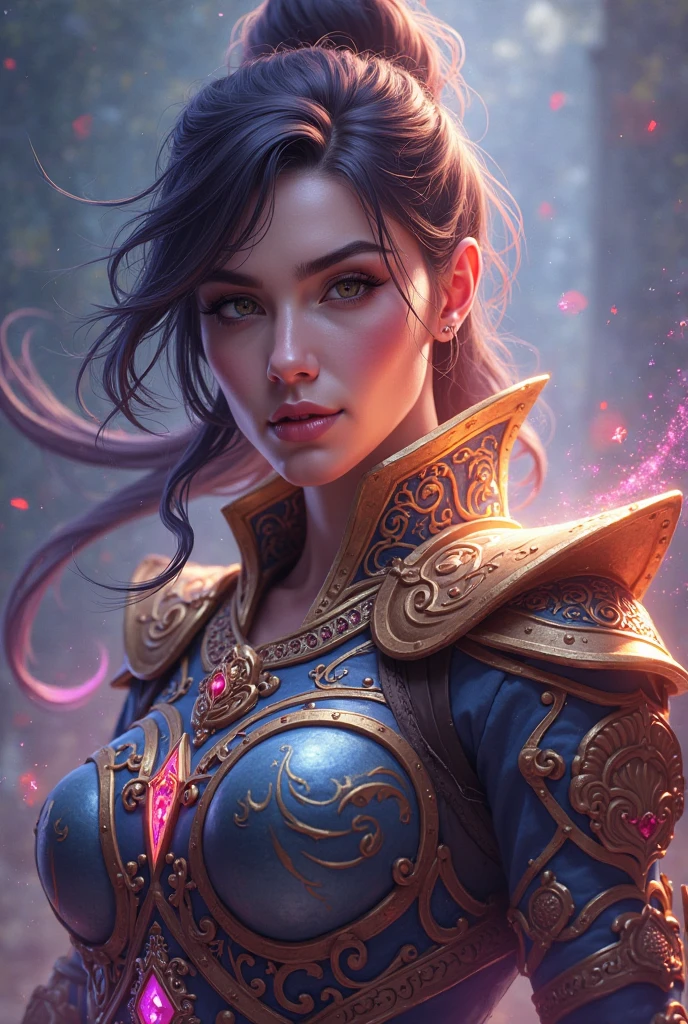 A highly detailed character portrait for a mobile game avatar, centered composition, facing slightly to the side, determined expression, vibrant colors, sharp details, fantasy warrior aesthetic, ornate armor with glowing magical elements, dramatic lighting from above, visible shoulders and head, slight magical aura, suitable for profile picture, mobile UI friendly, high contrast between character and background, clean edges, game-ready art style, digital illustration, 4k resolution