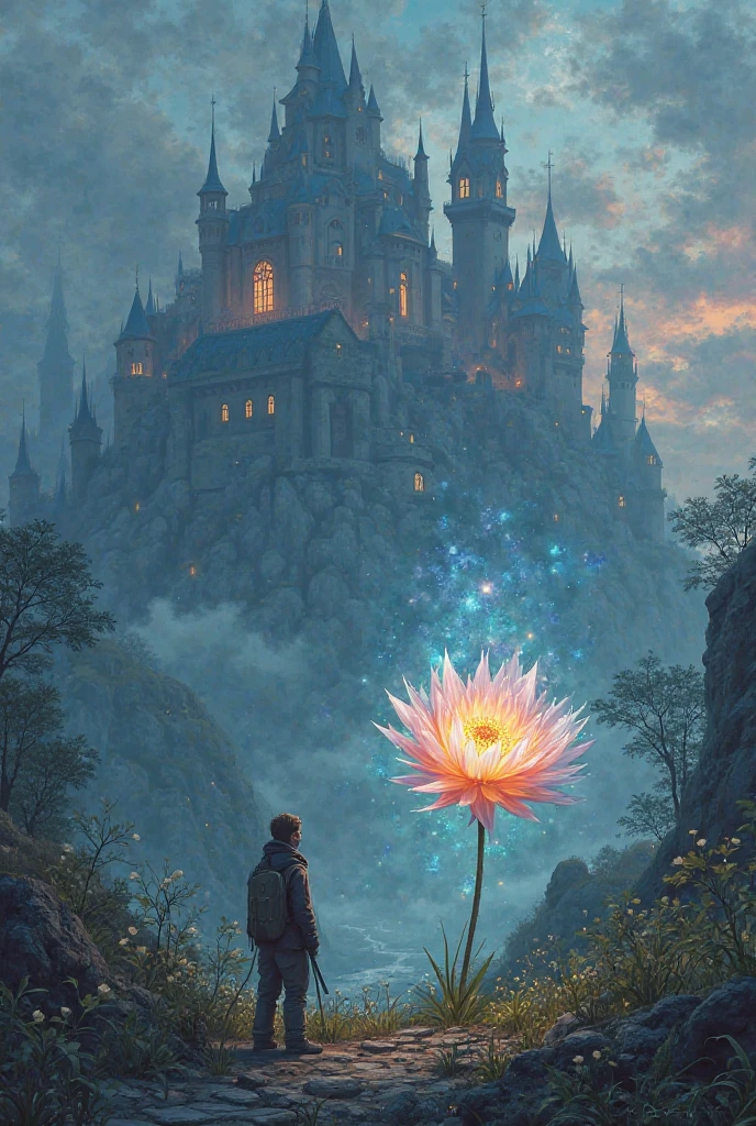 A traveler near a large castle comes across a super bright flower and felt peace 