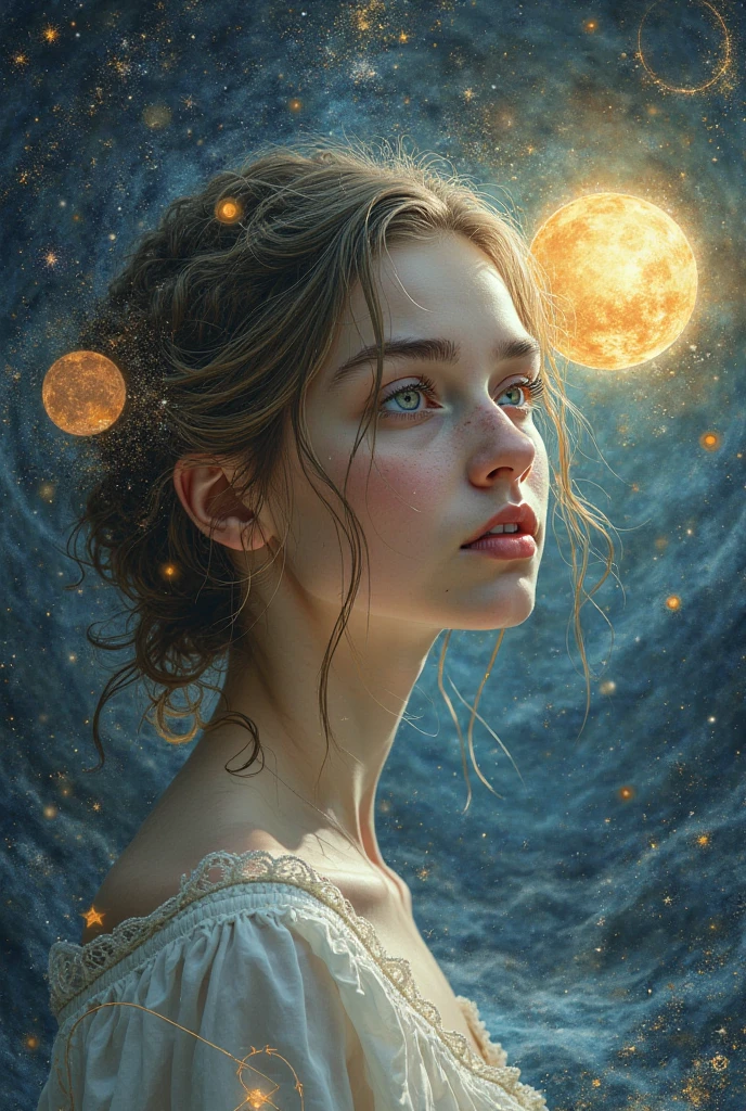 Image of a girl with the sun and Venus in the 11th house, Pluto's solar opposition, sun square moon, Venus square Mars, Moon in Pisces in 8th house, moon square pluto, Ascendant in Leo
