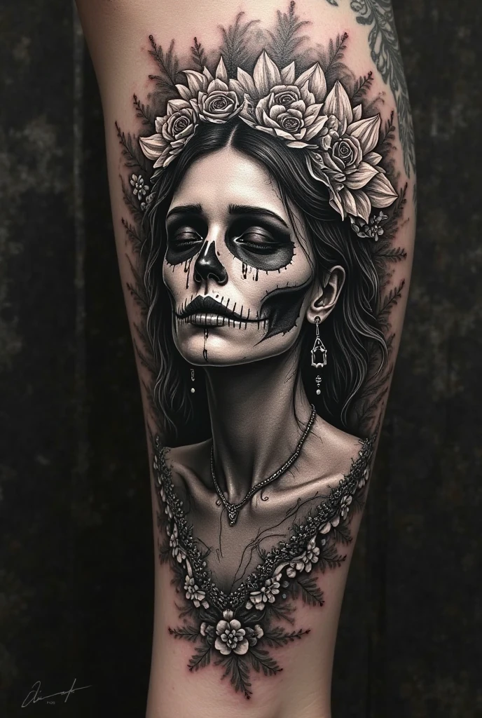 Create a tattoo with a quarter of a woman&#39;s face, skulls and demons for the arm