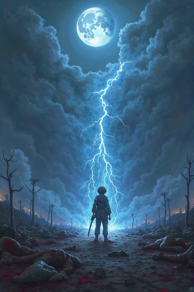 


Under the eerie glow of two moons, one a luminous full moon and the other a haunting half-moon, the battlefield lay in silent desolation. The ground was littered with lifeless bodies, their forms twisted in the agony of their final moments. The scent of blood and death hung heavy in the night air, merging with the cold whisper of the wind.

In the midst of this carnage stood a lone boy, his small frame drenched in blood, some his own and some from those who had fallen before him. His grip on a broken sword remained firm, the jagged edge glinting under the celestial light. His eyes burned with an insatiable bloodlust, a deep fury that consumed his very being.

Yet, beyond the devastation, power crackled in his other hand. A surge of magical energy, raw and uncontained, manifested in streaks of electric-blue lightning that danced across his fingers, illuminating the darkness around him. The storm within him raged, a tempest of destruction and vengeance.

The world stood still, watching in silent dread. Was he a savior or a harbinger of further ruin? Only time would tell.
