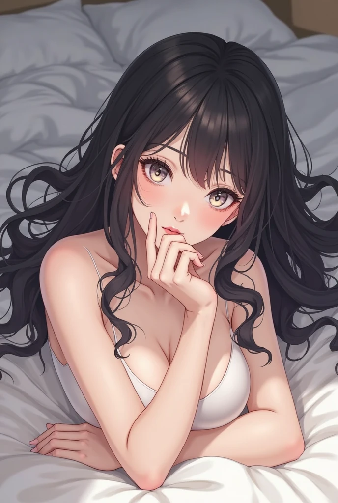 best quality, highres,Slender、Brown eyes、tall、Black Hair、(Bangs:1.3)、(semi-long:1.3),Straight Hair、Luxury Hotel、(White floral bra:1.4)、On the bed、Dark Room、night、Embarrassed、Chest pressed together