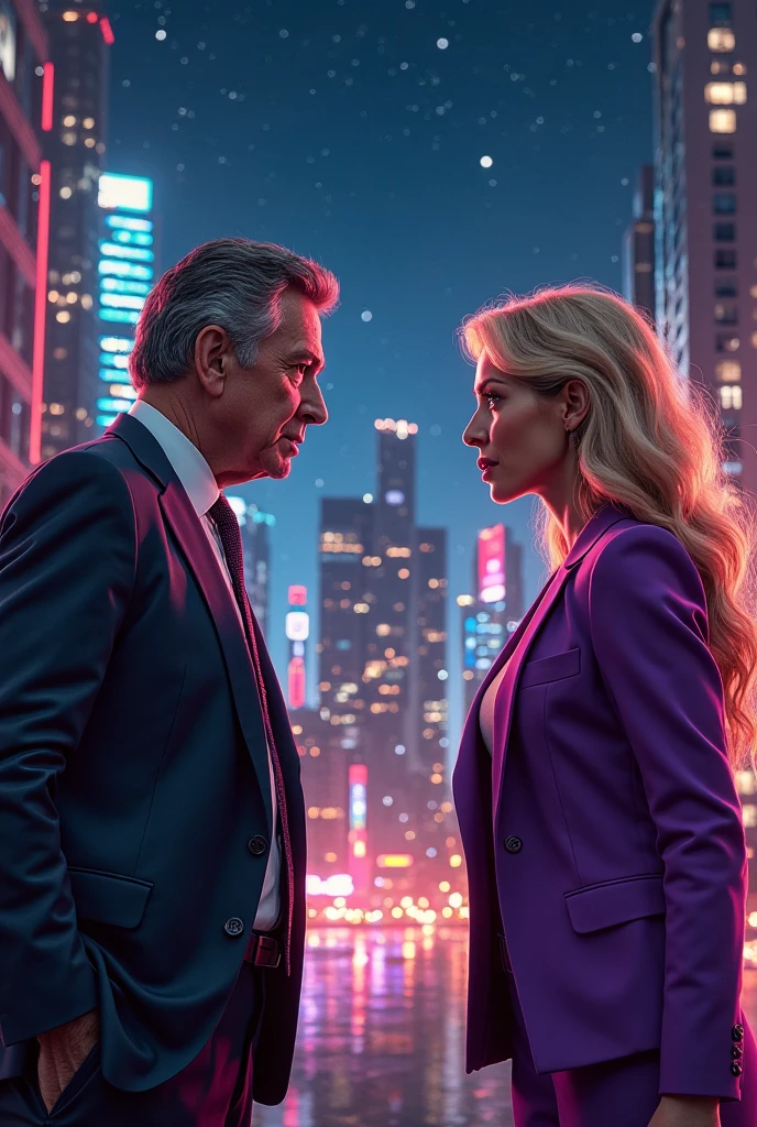  On the left: A man resembling a late-night talk show host, wearing a suit and tie, mid-sentence with an intense expression. Background features a night cityscape with stars and modern buildings. On the right: A blonde woman in a purple blazer speaking confidently, against a glowing city skyline with lights and skyscrapers. Bold yellow text across the bottom reads: “F*CK YOU KAROLINE!” in all caps, censorship symbol included. Dramatic lighting, high-resolution realism, expressive emotions, YouTube controversy style.