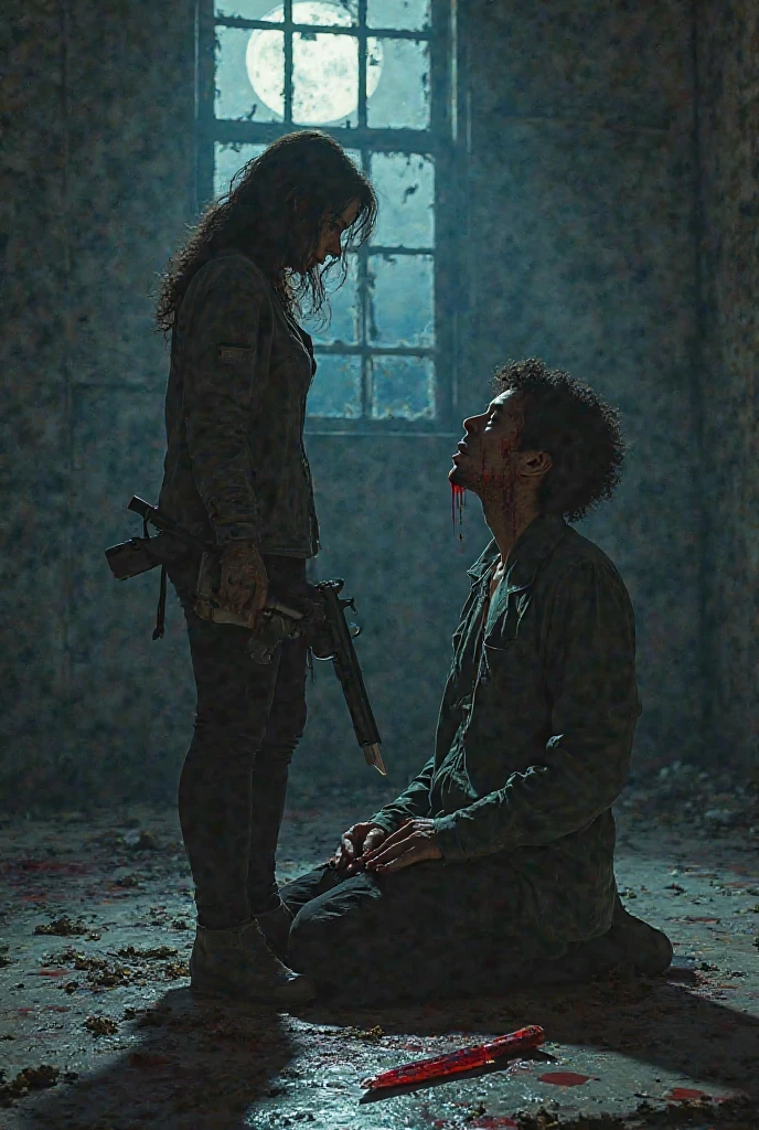 One guy,Hold a long knife,Kneeling on both knees,Hold the ground with one hand,head looking up,Wounds all over the body,Blood splatter,Dark style,Style gore