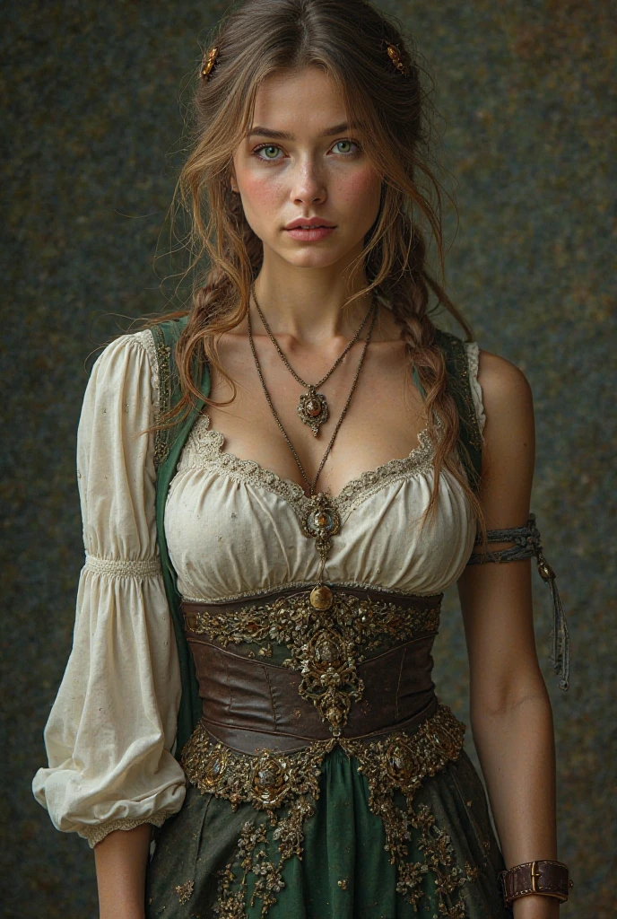 Mulher, jovem, bonita, light brown hair, green eyes, musculoso,white and green peasant clothing,dark medieval costume with lots of details in the image 
