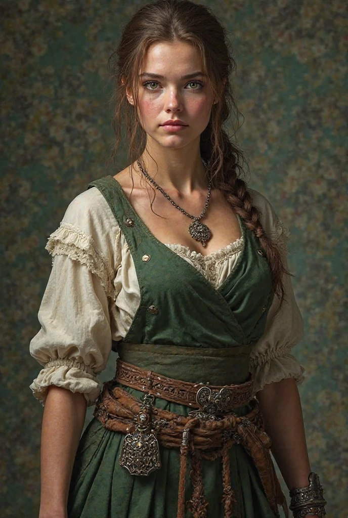 Mulher, jovem, bonita, light brown hair, green eyes, musculoso,white and green peasant clothing,dark medieval costume with lots of details in the image 