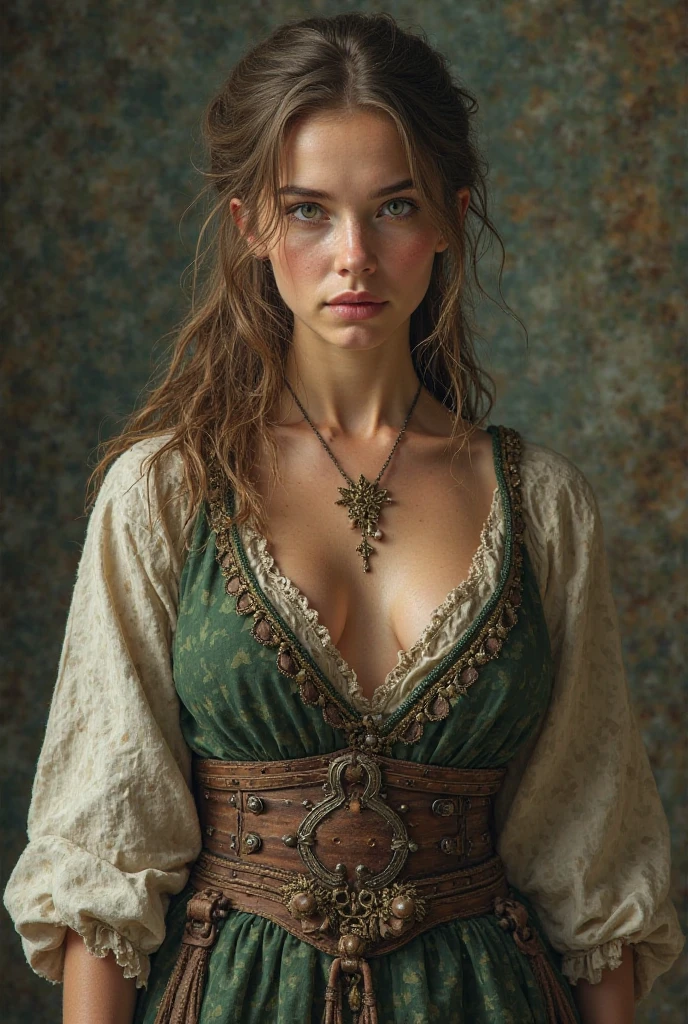 Mulher, jovem, bonita, light brown hair, green eyes, musculoso,white and green peasant clothing,dark medieval costume with lots of details in the image 