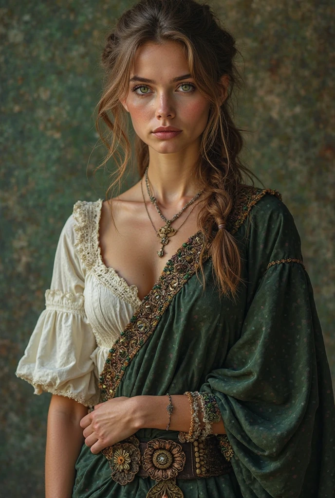 Mulher, jovem, bonita, light brown hair, green eyes, musculoso,white and green peasant clothing,dark medieval costume with lots of details in the image 
