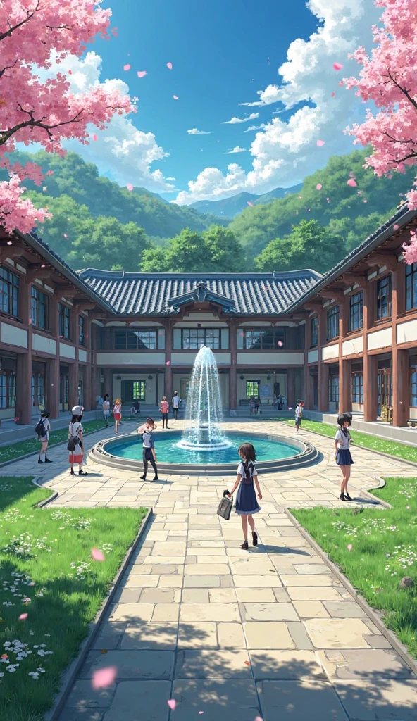Japanese school, grande patio, a source in the middle, Lawn around, {anime style}, Students in the image,