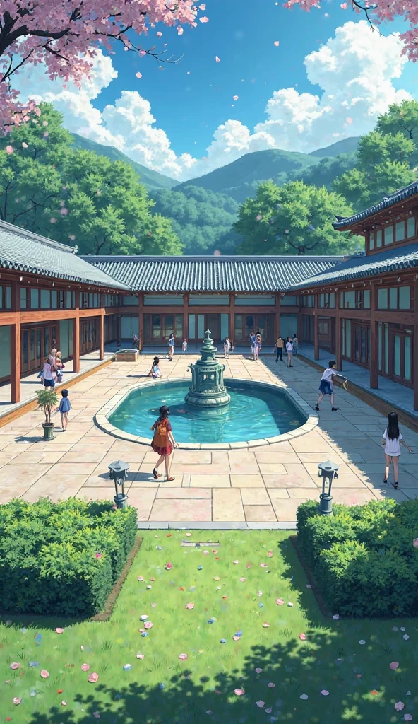Japanese school, grande patio, a source in the middle, Lawn around, {anime style}, Students in the image,