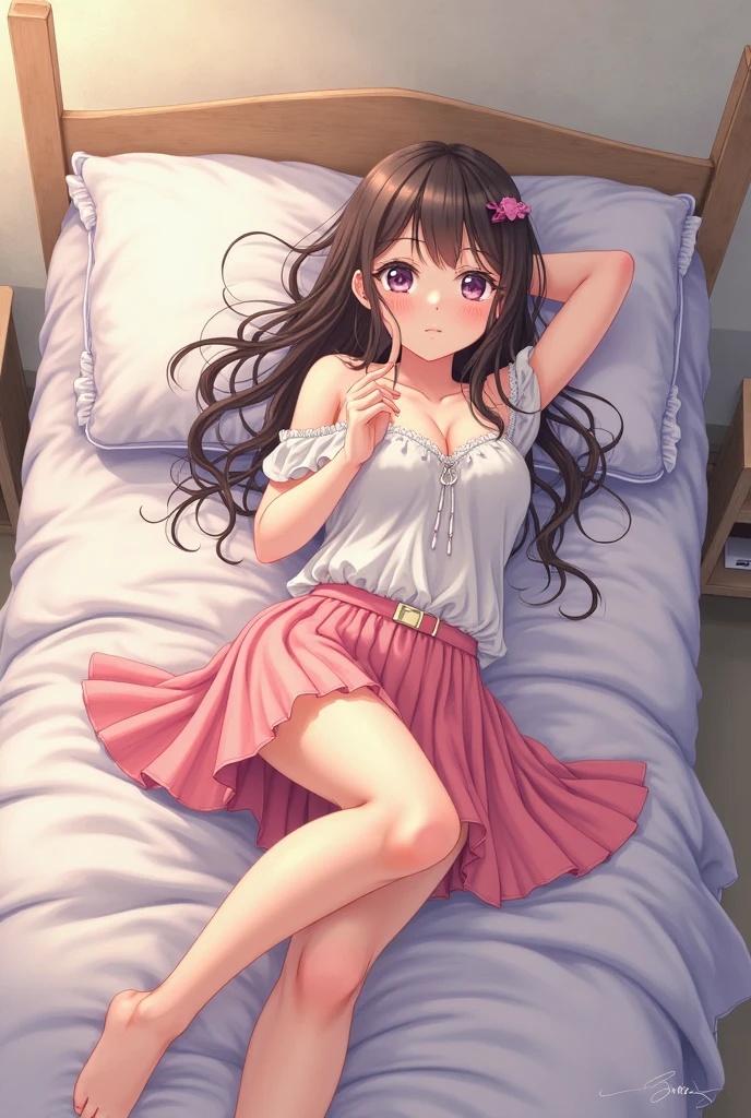 A photo of a young woman lying on a bed. She is wearing a yellow jacket, a pink lace bra, and denim jeans. The woman has long dark hair and a beautiful face with a gentle expression. She looks like she is in her early twenties and has a fit and healthy body. The photo is taken from a slightly elevated angle and the background is blurry.