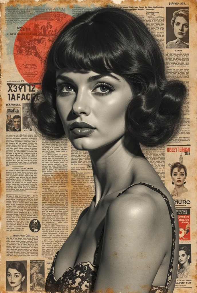 collage art, 1960s Retro vibe,(( faded paper texture:13)), place a picture of a newspaper article showing a 美しい woman in the center, Old Movies,  Stylish,   artistic, Retro, ((masterpiece:2.0)),America
