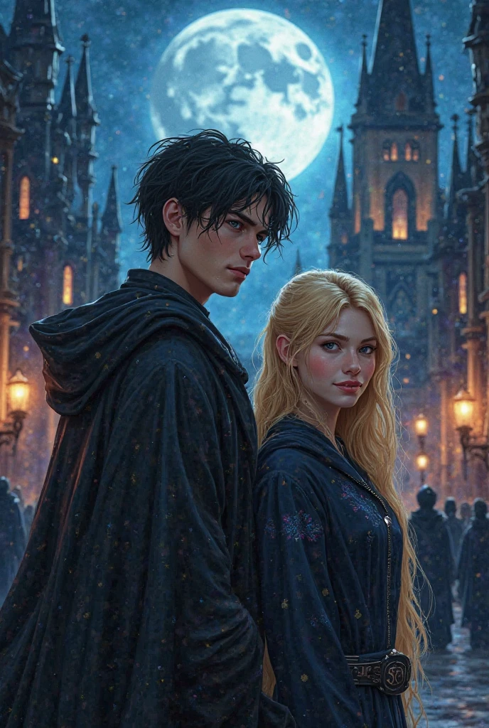 "Create an image of a mystical, moonlit academy courtyard, with towering spires and grand architecture in the background. In the foreground, depict a group of students, including the male, with black hair and female lead with blonde hair, standing together, looking fierce and determined. The tall, masculine male lead should be shown with a strong, brooding expression, while the female lead should have a confident, fiery gaze. Both should be dressed in dark, mystical robes with subtle wolf-like embroidery. In the colourful background, hint at the supernatural elements of the academy by including subtle werewolf transformations, glowing runes, or mysterious shadows. The atmosphere should be ominous, yet captivating, conveying the sense of adventure, danger, and romance that comes with being a werewolf in a mysterious academy."