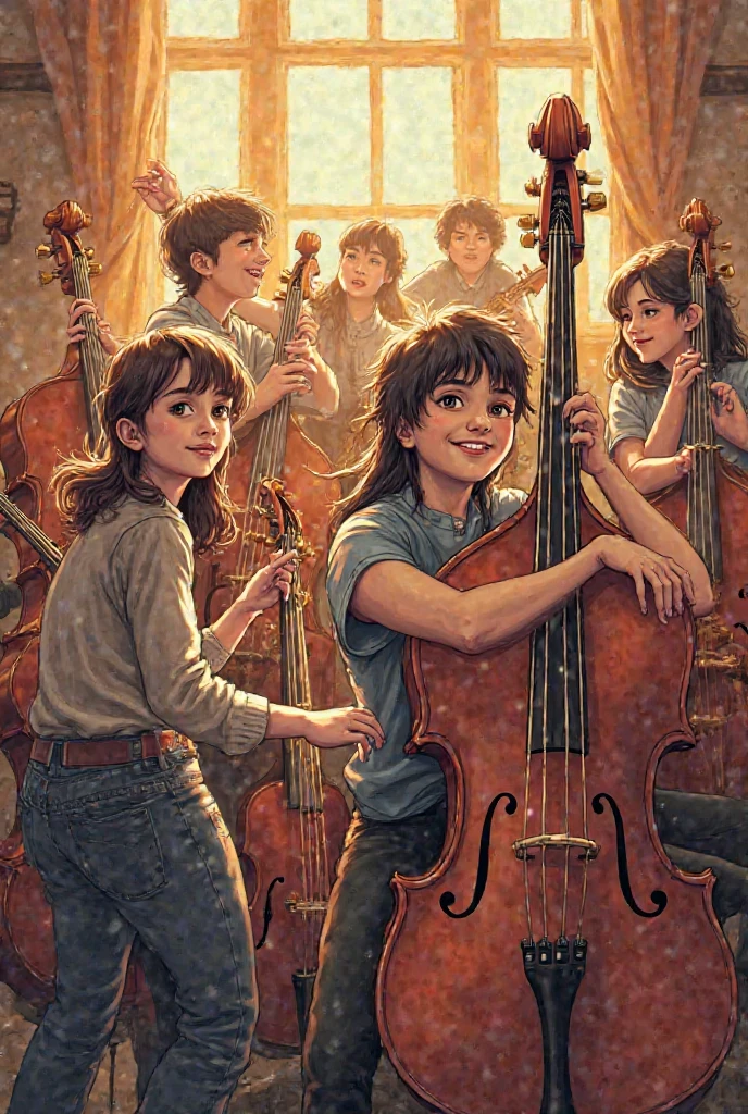 Make an advertising poster for a music school: ren playing musical instruments, cymbals, the flute, rich,  guitar, piano, vocal, dancing. Realist drawing, NOT cartoonish