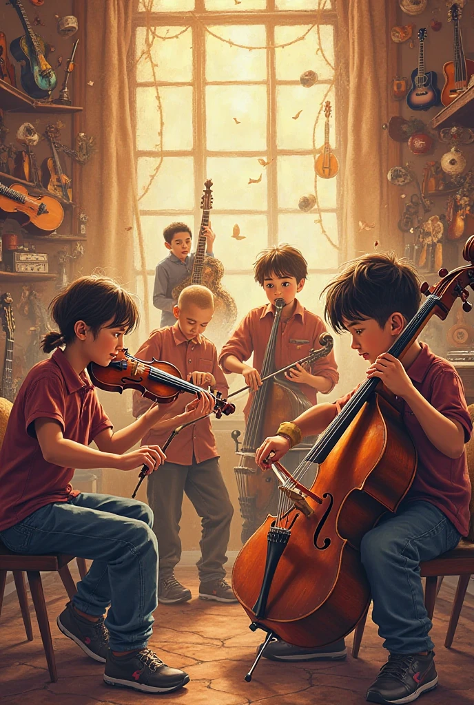 Make an advertising poster for a music school: ren playing musical instruments, cymbals, the flute, rich,  guitar, piano, vocal, dancing. Realist drawing, NOT cartoonish