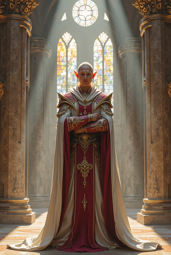 an elven clergyman wearing D&D, Realistic style, in red armor with white details and white cloak. With folded arms looking forward into a temple.. 8k, photo realism,  Dungeons and Dragons style .