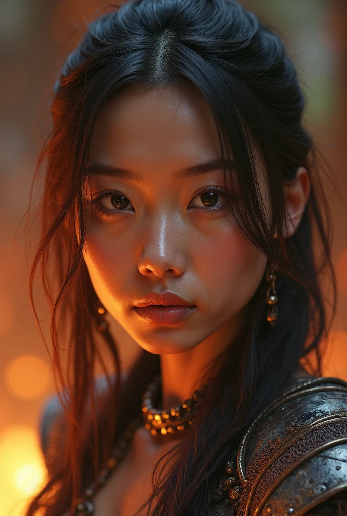 portrait of a young Southeast Asian woman, soft warm tan skin, almond-shaped dark eyes, sleek straight bob with reddish brown highlights, oval face, full lips, fantasy warrior armor, leather and steel textures, glowing embers in background, photorealistic skin, detailed  features, strong expression, cinematic lighting
