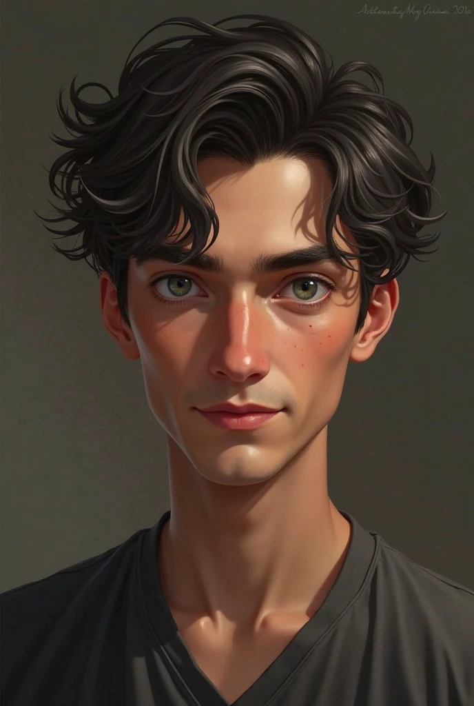 Male tall,  Slim build ,        hair is dark and wavy, His eyes are curious and intelligent, facial lines are prominent and sharp,  cheekbones high , the jaw is slightly pointed, lips plump, Smile from the inside, light brunette if the skin color, erkek     