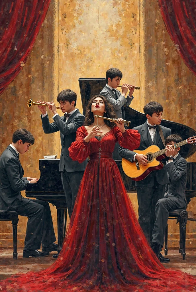 Make an advertising poster for a music school: cymbals, the flute, rich,  guitar, piano, vocal, dancing. Realist drawing, NOT cartoonish