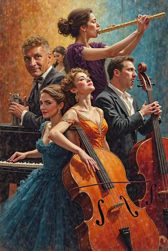 Make an advertising poster for a music school: cymbals, the flute, rich,  guitar, piano, vocal, dancing. Realist drawing, NOT cartoonish