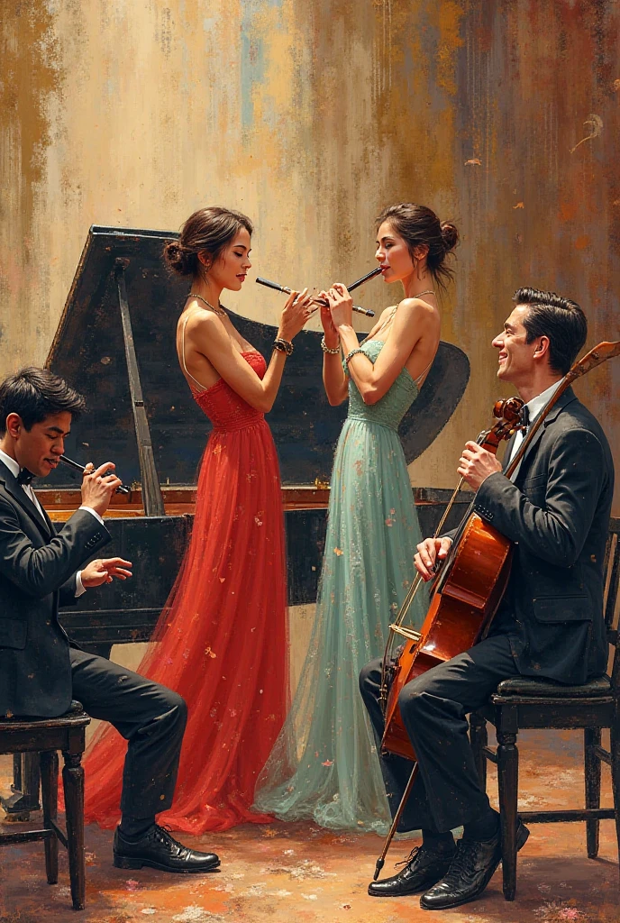 Make an advertising poster for a music school: cymbals, the flute, rich,  guitar, piano, vocal, dancing. Realist drawing, NOT cartoonish