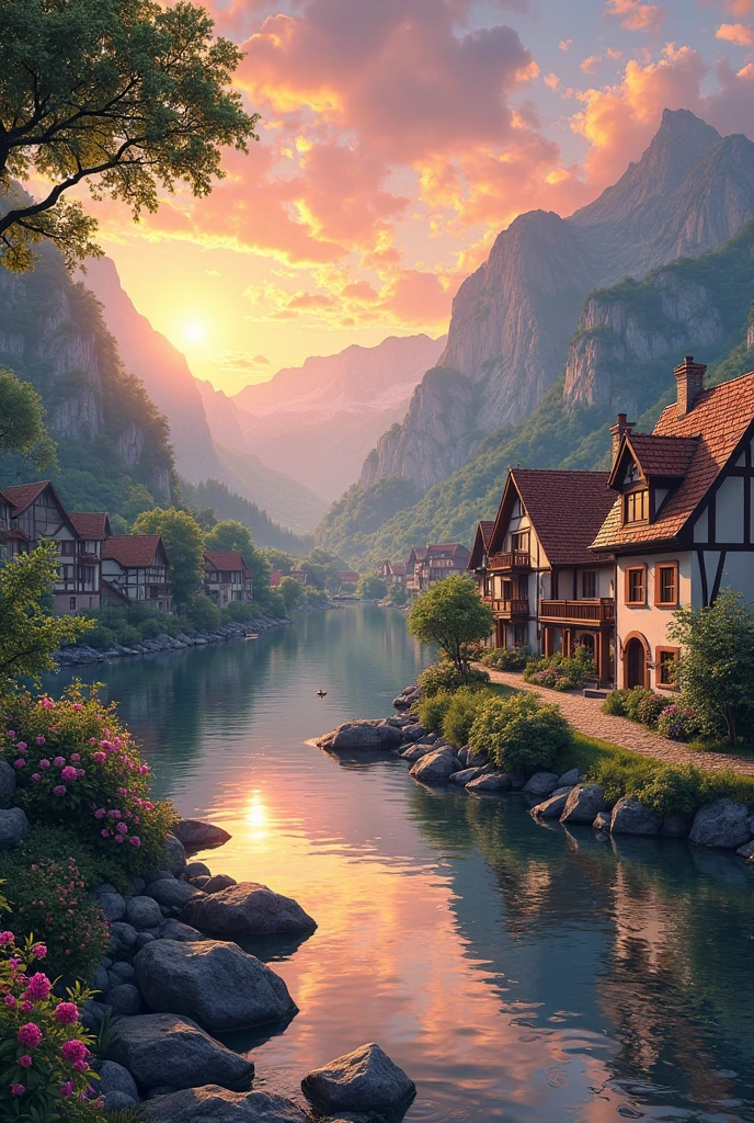 a small village by the river, mountains in the background, floral flowers colorful, detailed landscape, Beautiful natural landscapes, atmospheric lighting, scorching sunset, warm colours, practical, photopractical, Detailed Foliage, complex buildings, cobblestone street, Charming country house, swirly vibrant colors, lush vegetation, Still water reflections, Picturesque, idyllic, work of art, best qualityer, 8k, extremely detaild,anime styling