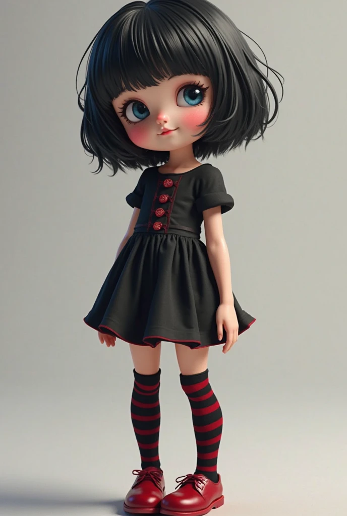 ((Best Quality)), ((obra-prima)), (detalhado), Perfect faceCreate a 3D image of one , homem gordo , Idade s , black hair , short hair up to the shoulder, com franja, olhos azul , shy smile, black knee-high socks with red stripes filled with red stripes , Round face, gothic style plain black short dress girl shoes red baby
