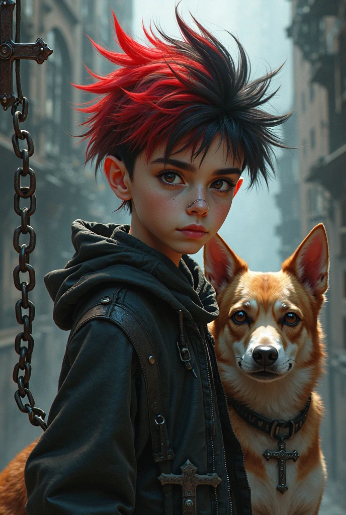 Red and black furi hair, dog, boy. with chain, with a cross. And with a nose piercing