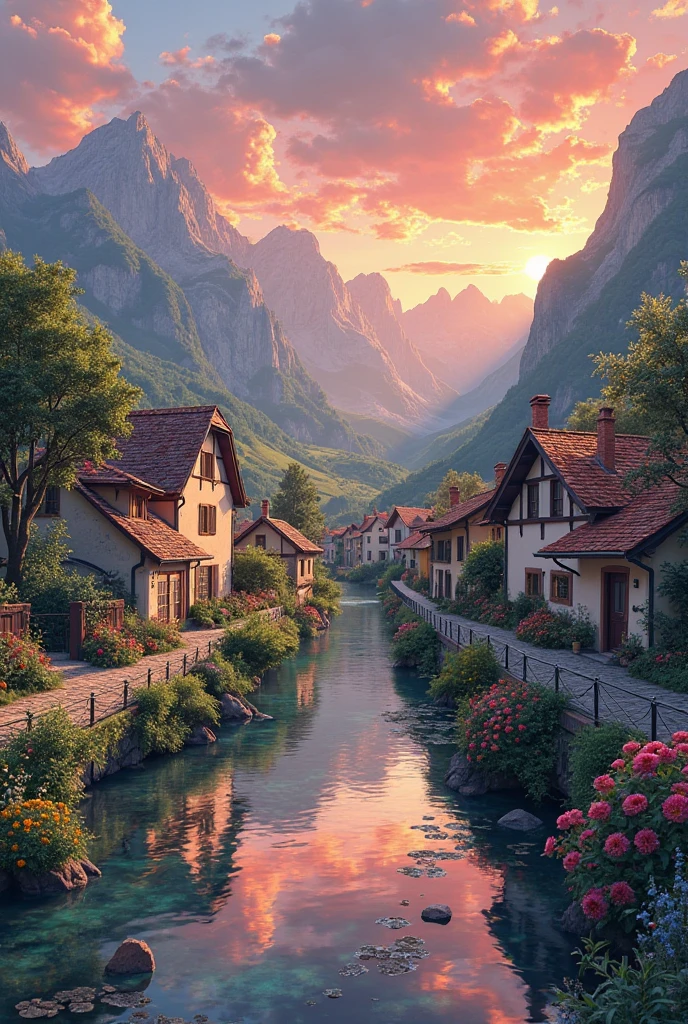 A small village by the river, mountains in the background, colorful flowers, detailed landscape style, beautiful natural scenery, atmospheric lighting,  scorching sunset ,  warm colors, practical, photographic, detailed foliage, complex buildings , cobblestone street, charming country house, vibrant colors, lush vegetation, reflections in the water, pitoresco, idyllic, work of art, Best Quality, 8k, extremely detailed, anime style