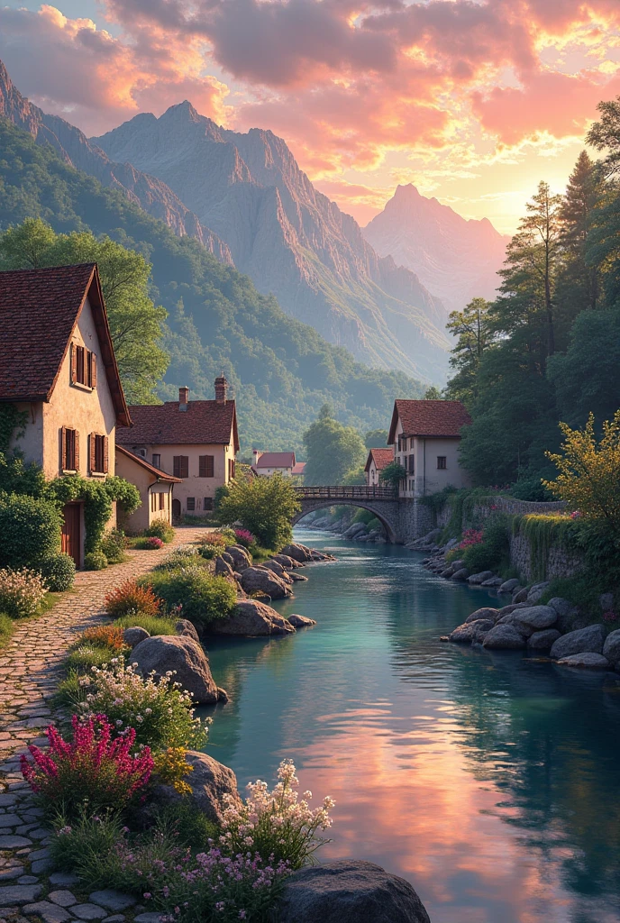 A small village by the river, mountains in the background, colorful flowers, detailed landscape style, beautiful natural scenery, atmospheric lighting,  scorching sunset ,  warm colors, practical, photographic, detailed foliage, complex buildings , cobblestone street, charming country house, vibrant colors, lush vegetation, reflections in the water, pitoresco, idyllic, work of art, Best Quality, 8k, extremely detailed, anime style